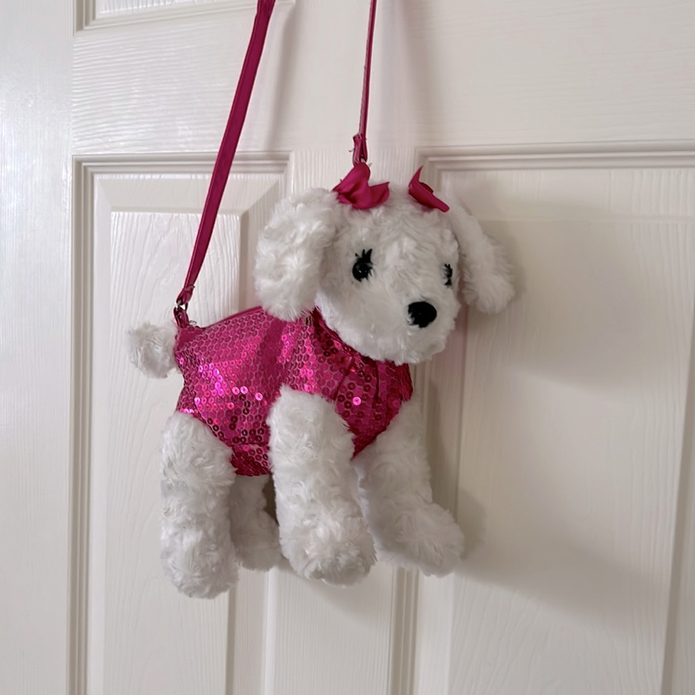 Poochie & Co Girls puppy purse pink sequins and leash. White Maltese